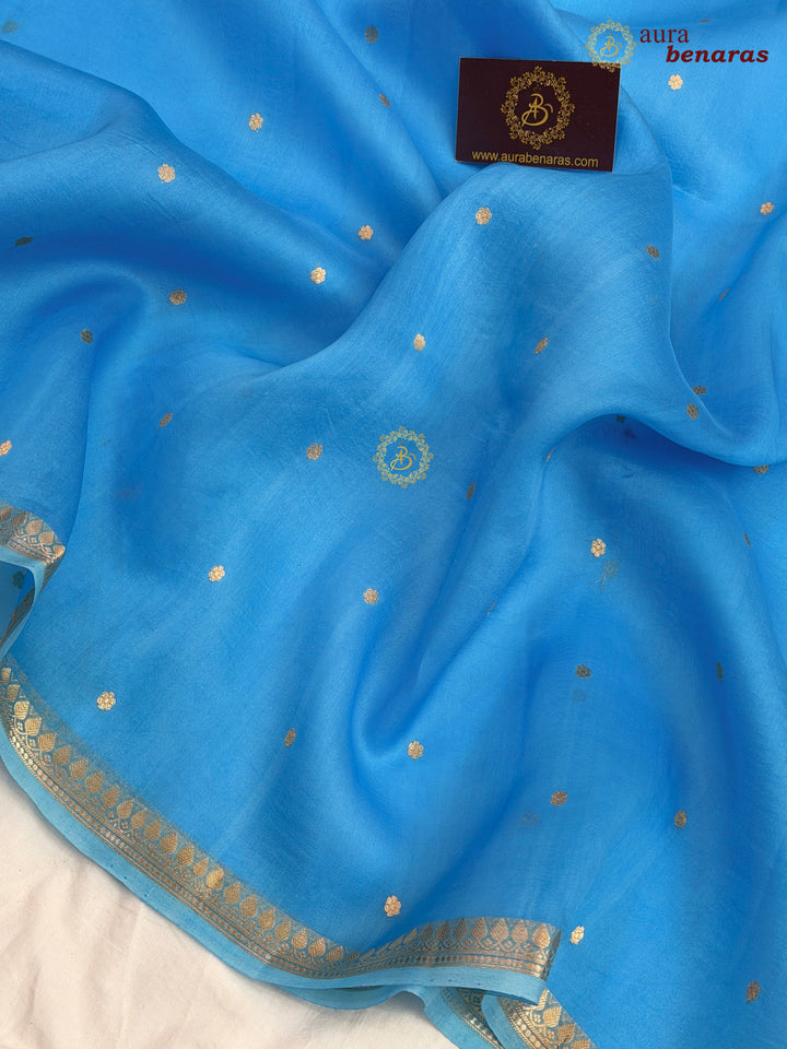 Firozi Blue Kora Silk Banarasi Saree with Zari Butis 