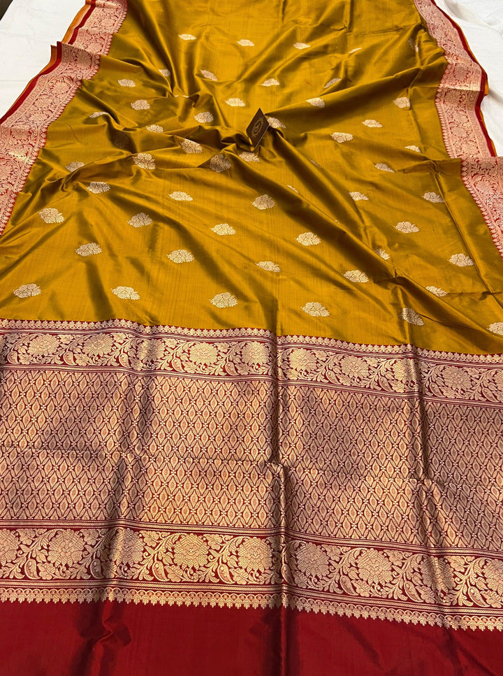 Mustard Yellow Pure Banarasi Handloom Katan Silk Saree - Aura Benaras