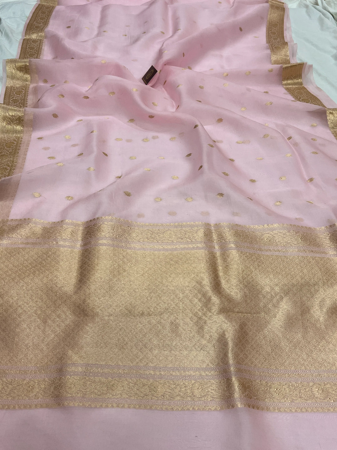 Baby Pink Banarasi Handloom Kora Silk Saree
