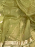 Olive Green Banarasi Handloom Kora Silk Saree - Aura Benaras