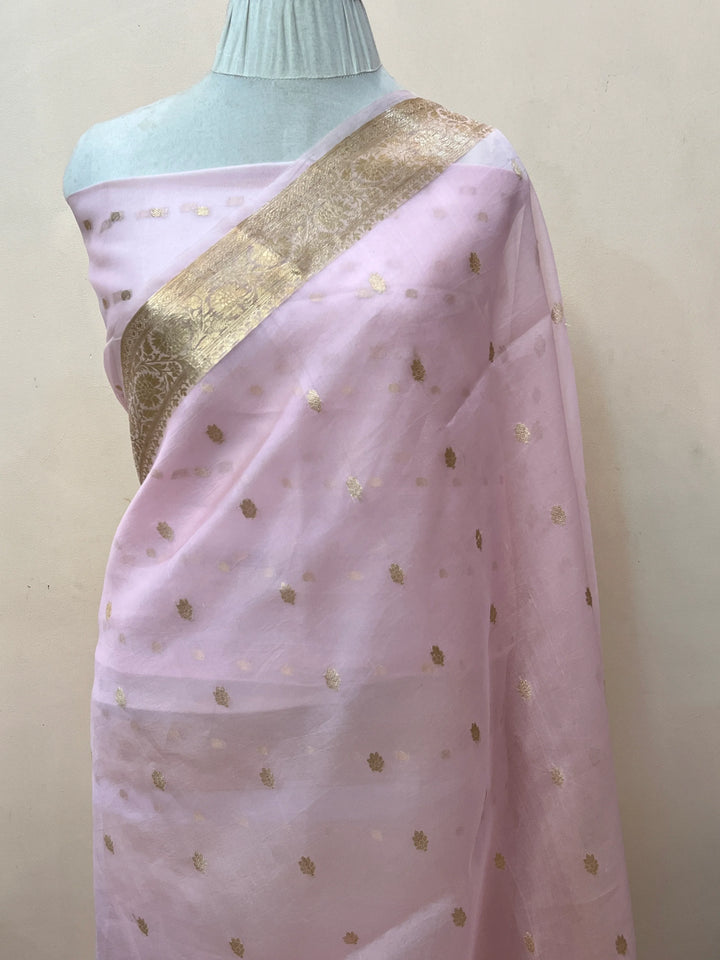 Baby Pink Banarasi Handloom Kora Silk Saree