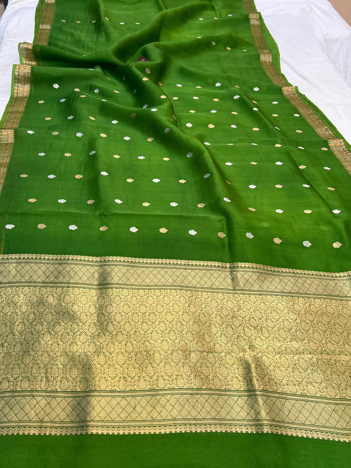Mehndi Green Kora Silk Handloom Banarasi Saree