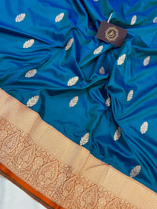 Peacock Blue Pure Banarasi Handloom Katan Silk Saree - Aura Benaras