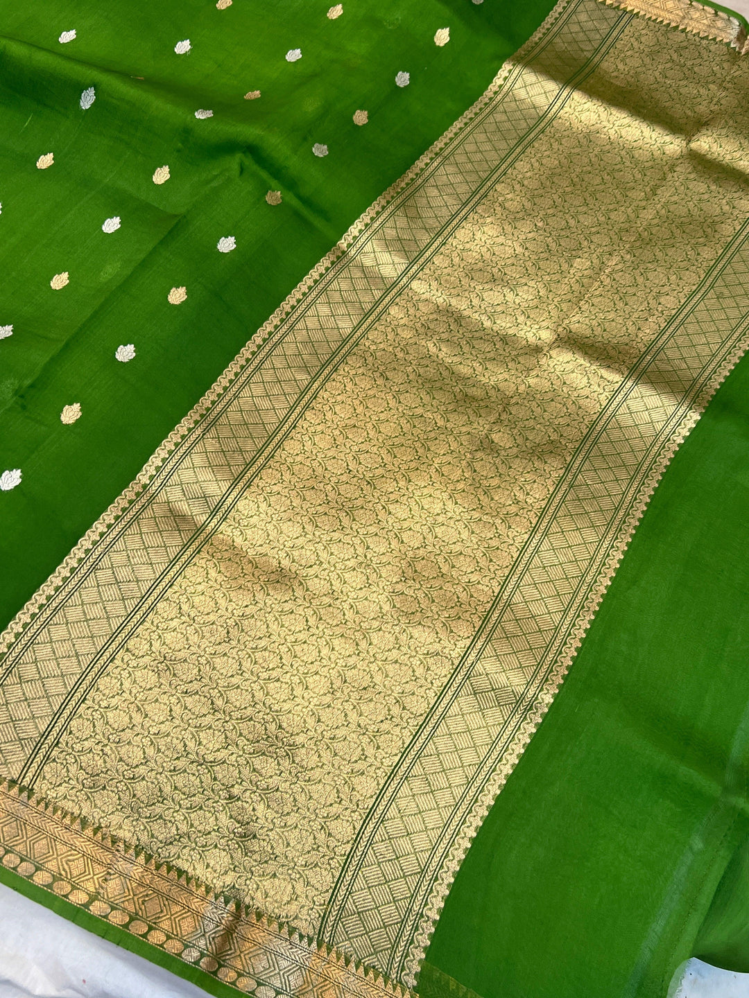 Mehndi Green Kora Silk Handloom Banarasi Saree