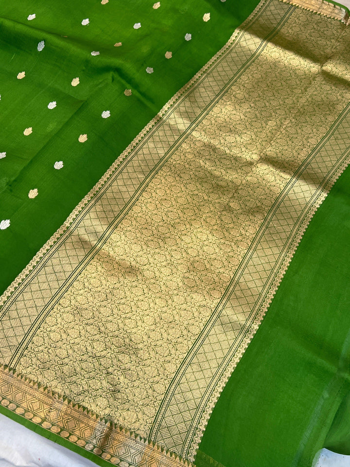 Mehndi Green Kora Silk Handloom Banarasi Saree