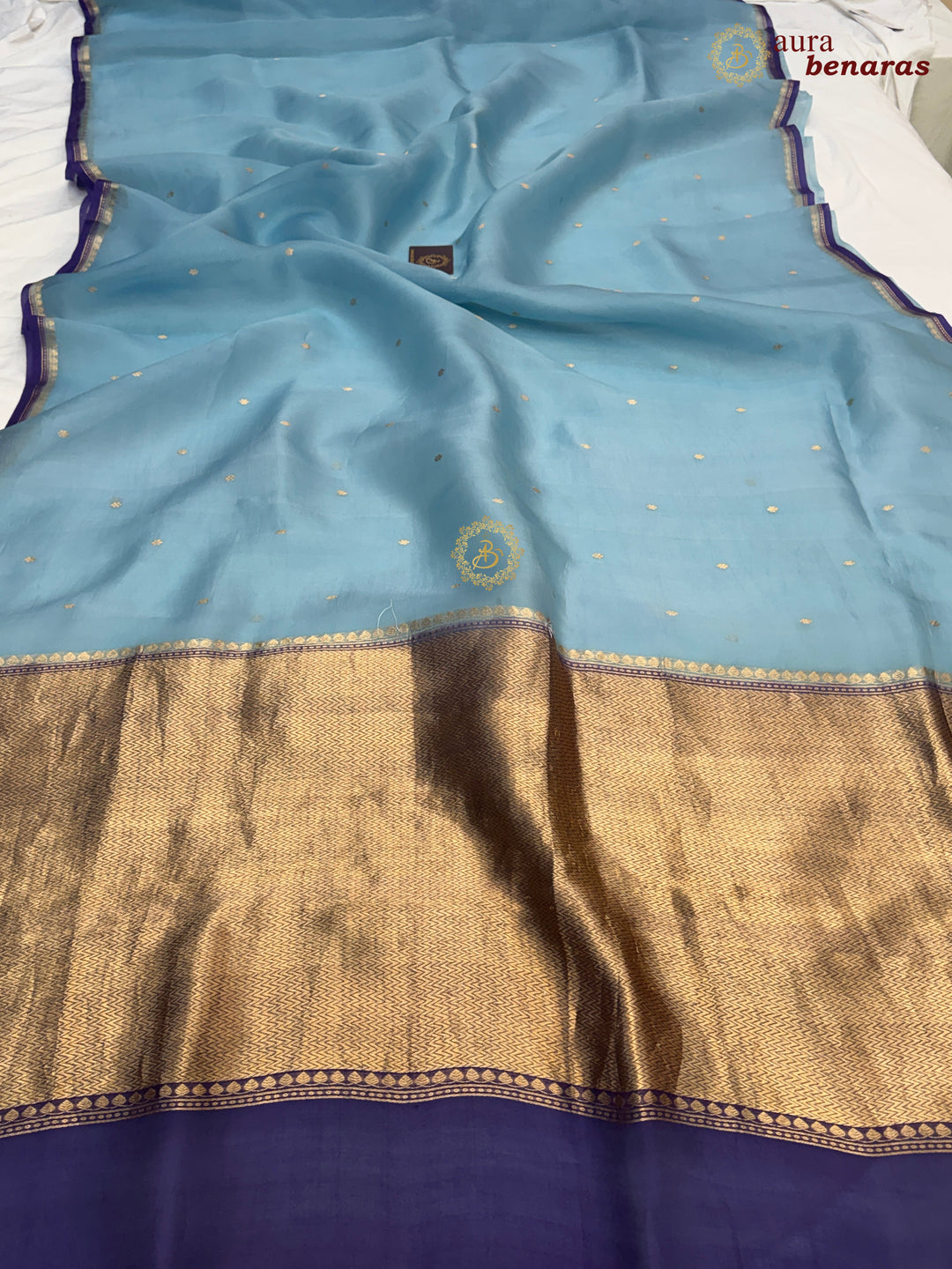 Sage Blue Lavender Kora Silk Banarasi Saree with Zari Butis 