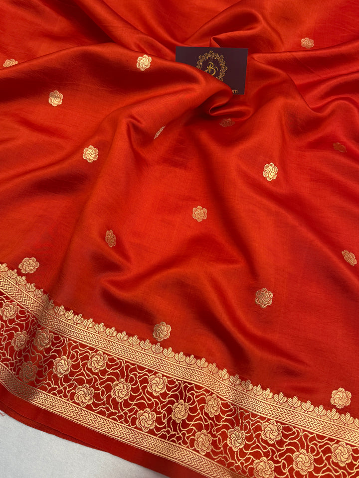 Orangish Red Pure Silk Handloom Banarasi Saree