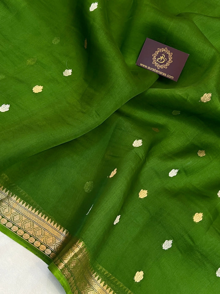 Mehndi Green Kora Silk Handloom Banarasi Saree