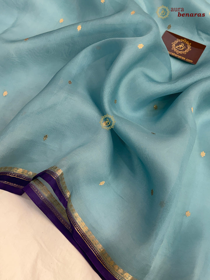 Sage Blue Lavender Kora Silk Banarasi Saree with Zari Butis 
