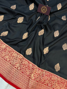 Black Pure Banarasi Handloom Katan Silk Saree - Aura Benaras