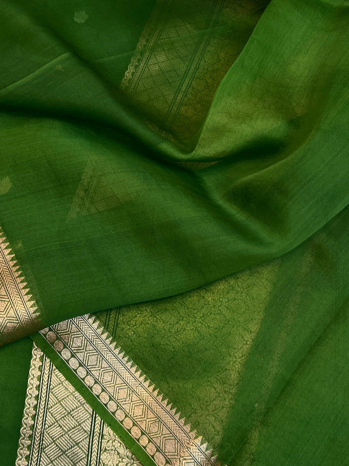 Mehndi Green Kora Silk Handloom Banarasi Saree