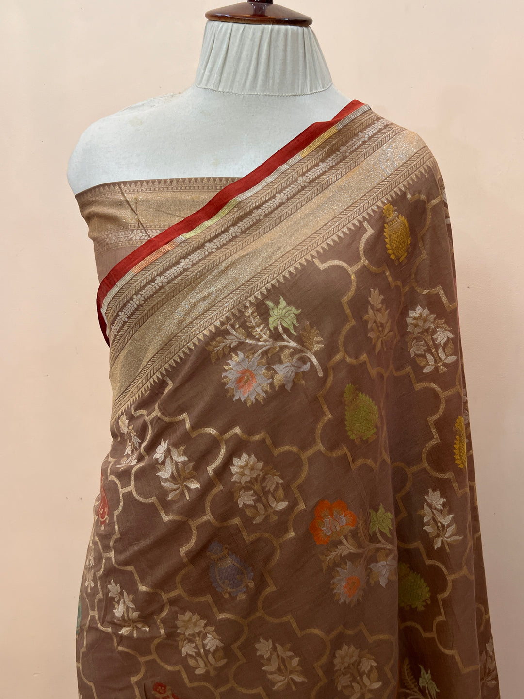 Almond Beige Pure Cotton Silk Handloom Banarasi Saree