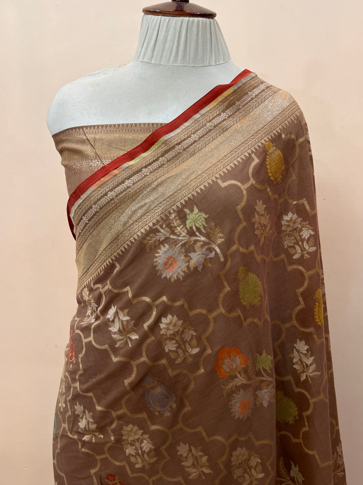 Almond Beige Pure Cotton Silk Handloom Banarasi Saree