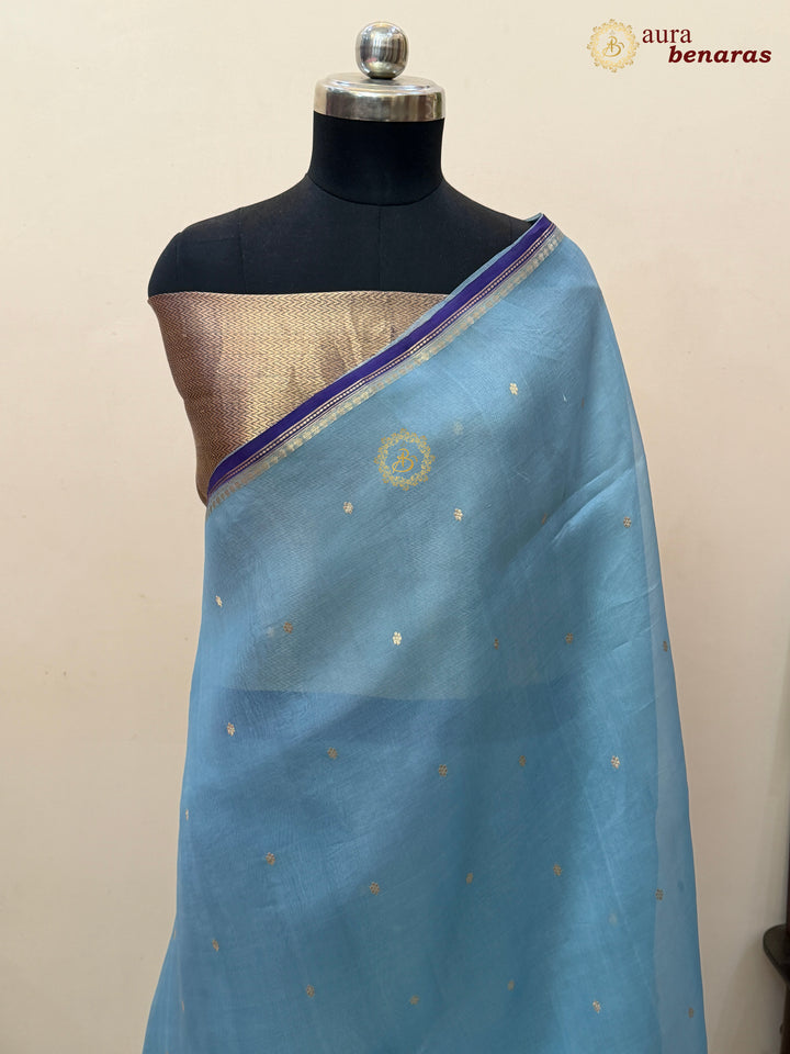 Sage Blue Lavender Kora Silk Banarasi Saree with Zari Butis 