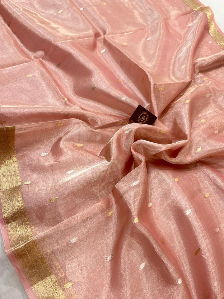 Baby Pink Banarasi Handloom Organza Tissue Silk Saree - Aura Benaras