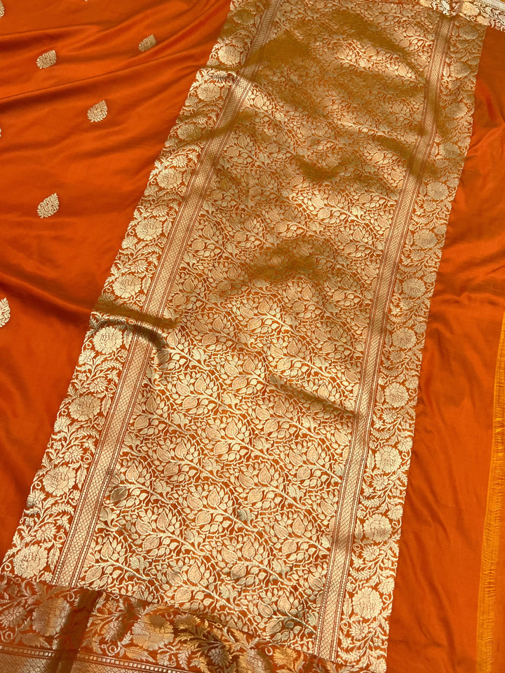 Orange Pure Katan Silk Handloom Banarasi Saree