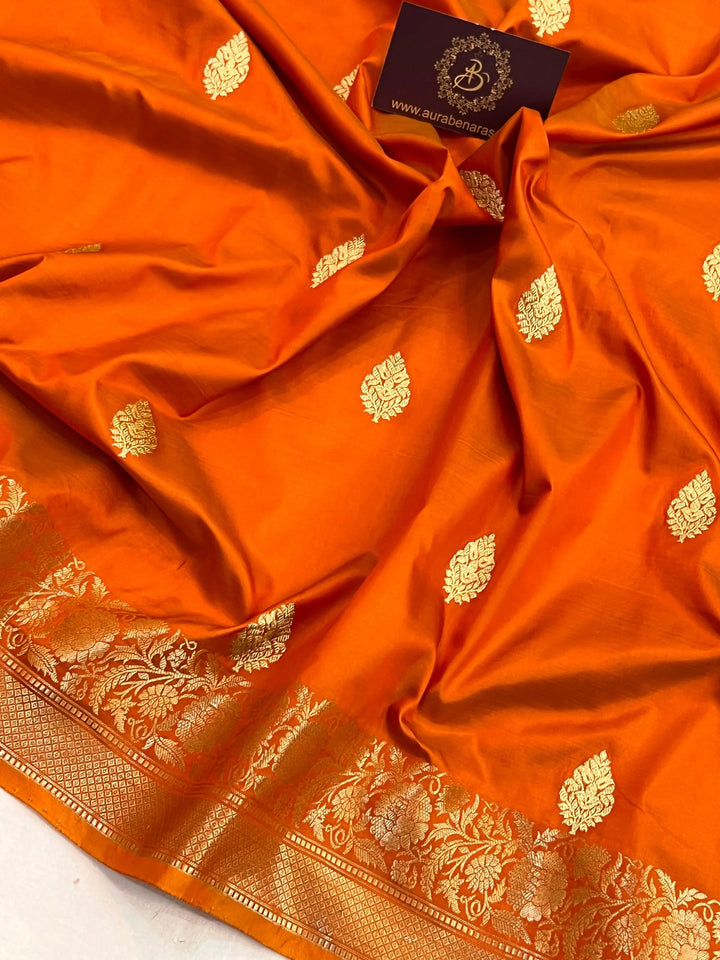Orange Pure Katan Silk Handloom Banarasi Saree