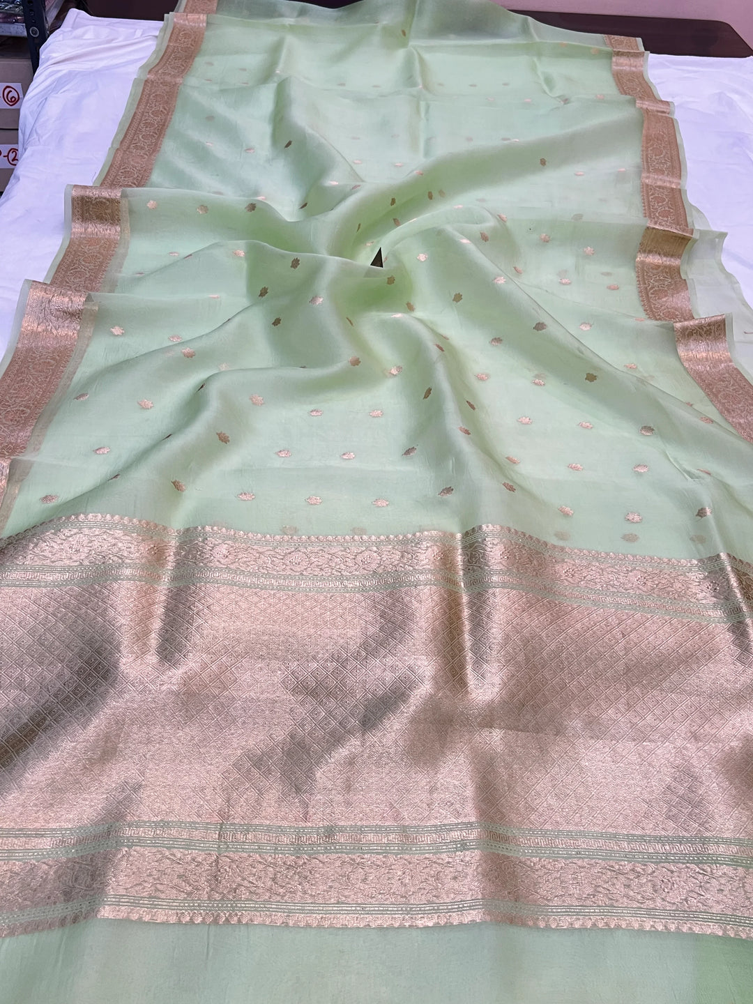 Pista Green Banarasi Handloom Kora Silk Saree