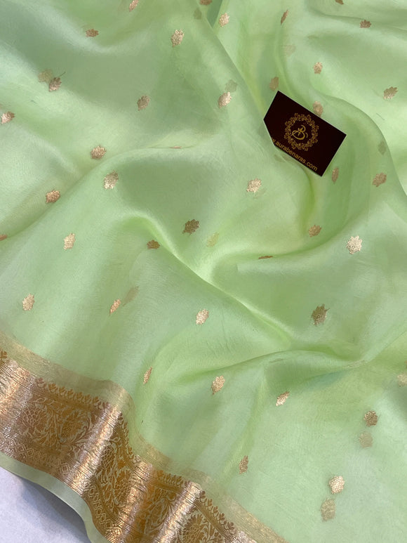 Pista Green Banarasi Handloom Kora Silk Saree