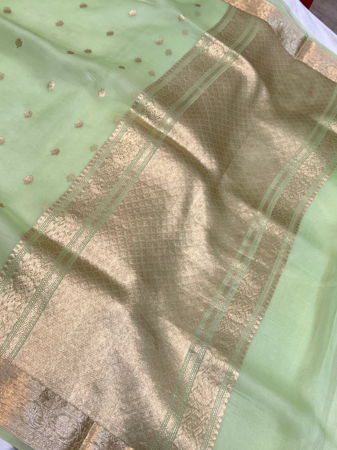 Pista Green Banarasi Handloom Kora Silk Saree