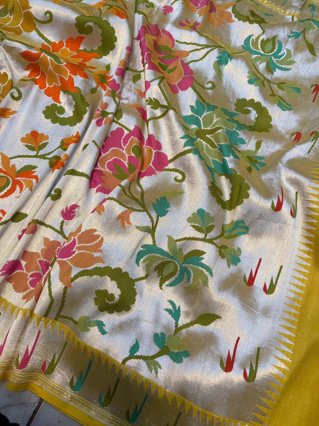 Yellow Tussar Georgette Banarasi Saree with Tilfi Meenakari