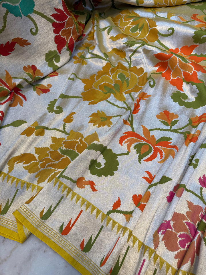 Yellow Tussar Georgette Banarasi Saree with Tilfi Meenakari