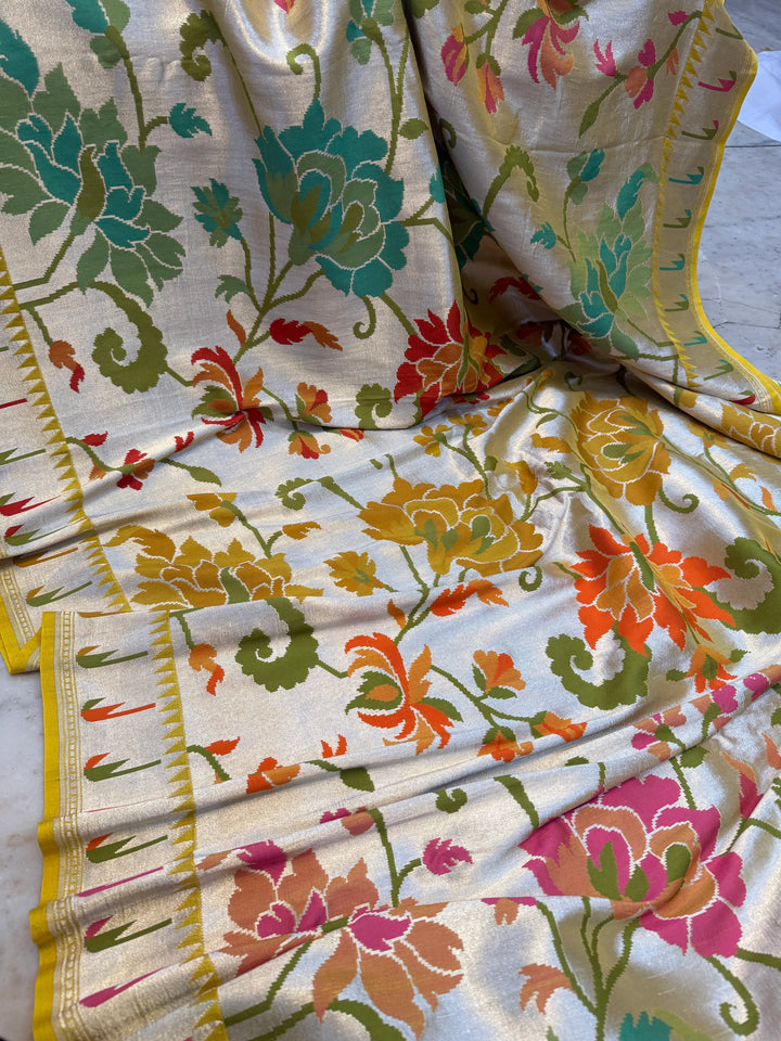 Yellow Tussar Georgette Banarasi Saree with Tilfi Meenakari