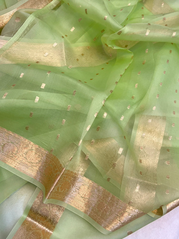 Pista Green Banarasi Handloom Kora Silk Saree