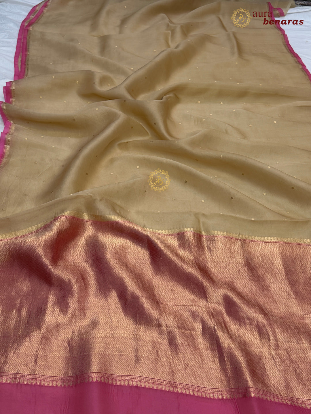 Beige Kora Silk Banarasi Saree with Zari Butis 