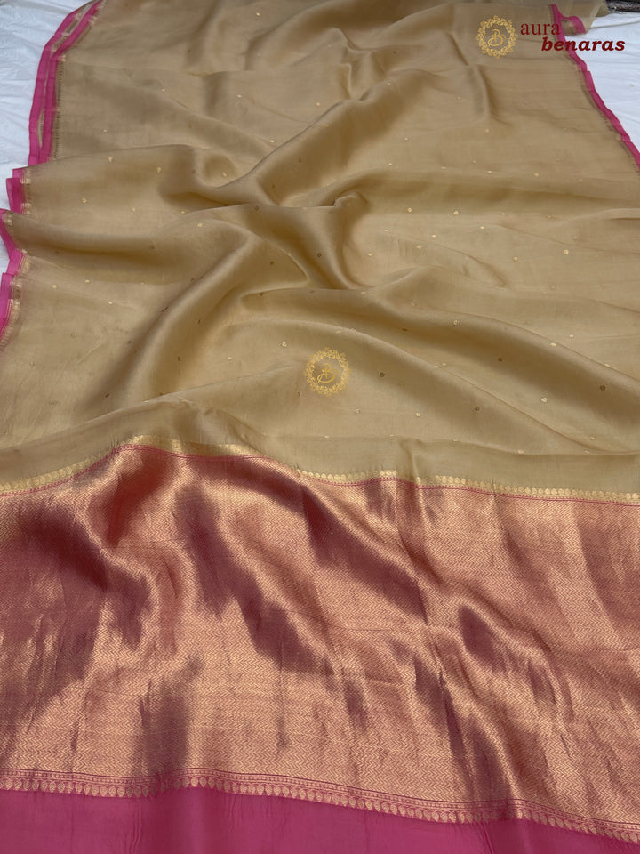 Beige Kora Silk Banarasi Saree with Zari Butis 