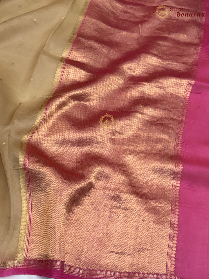 Beige Kora Silk Banarasi Saree with Zari Butis 