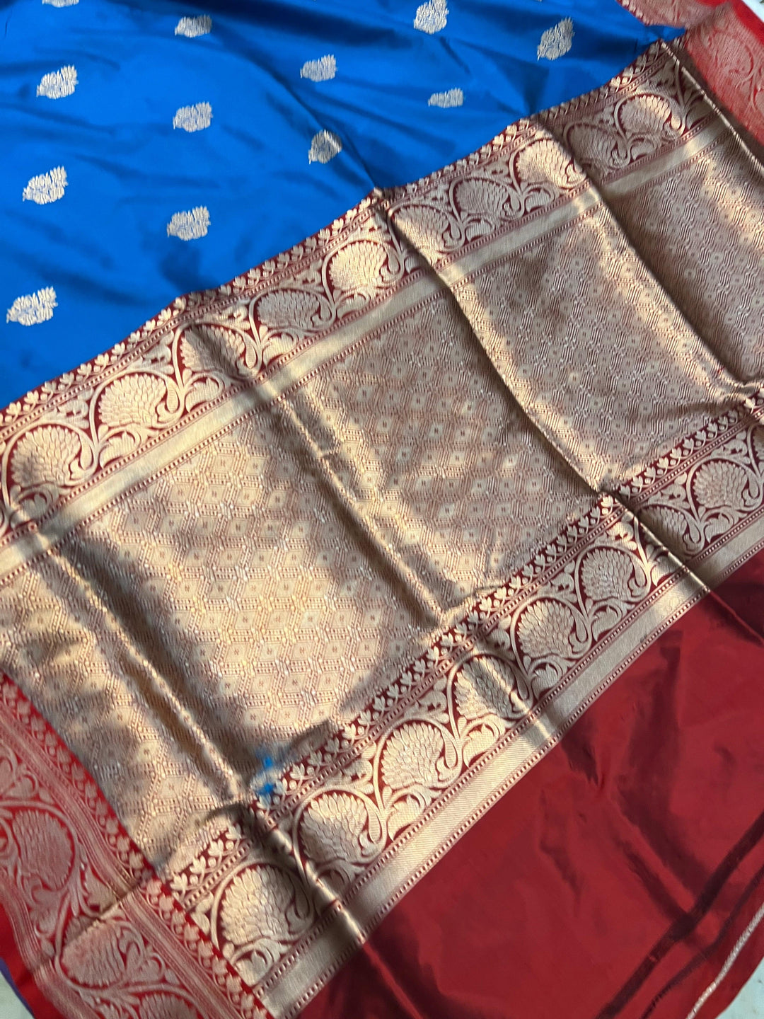 Firozi Blue Pure Banarasi Handloom Katan Silk Saree - Aura Benaras