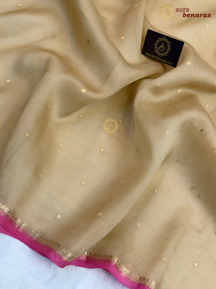 Beige Kora Silk Banarasi Saree with Zari Butis 