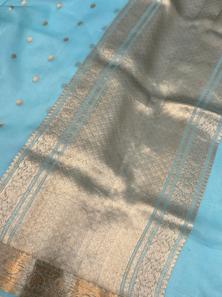 Sky Blue Banarasi Handloom Kora Silk Saree