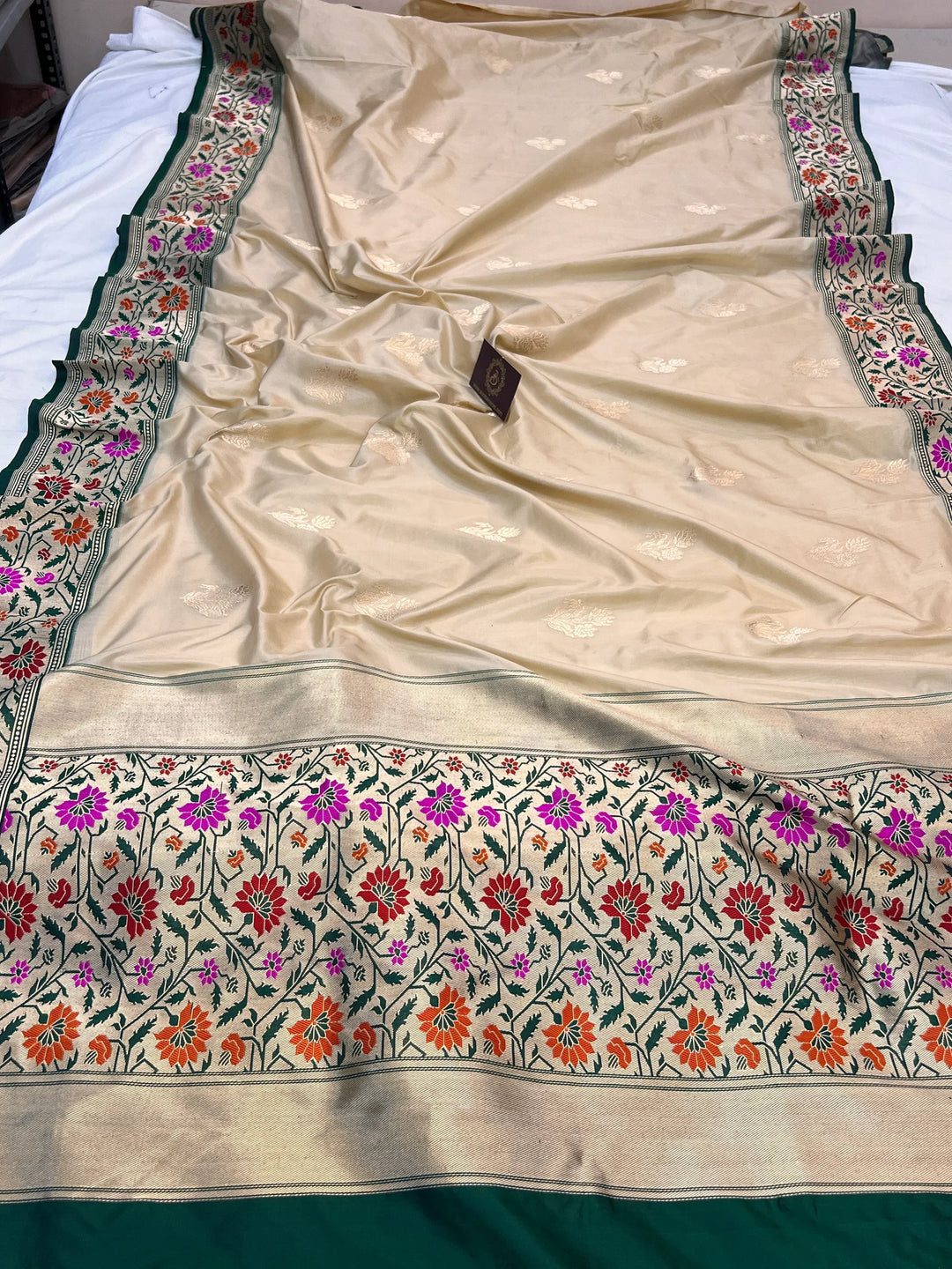 Beige Pure Banarasi Handloom Katan Silk Saree