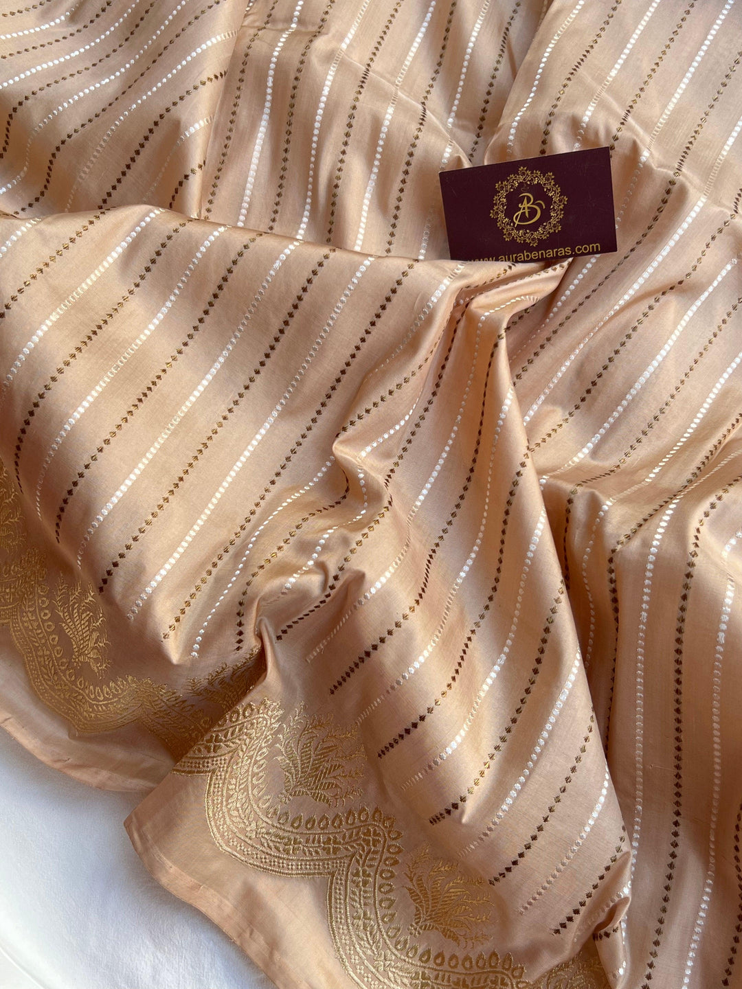 Soft pure Katan silk fabric with fine woven stripes and rich handloom texture