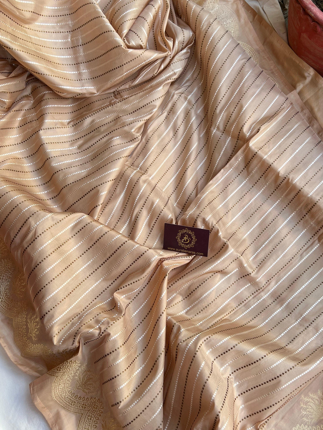Soft pure Katan silk fabric with fine woven stripes and rich handloom texture
