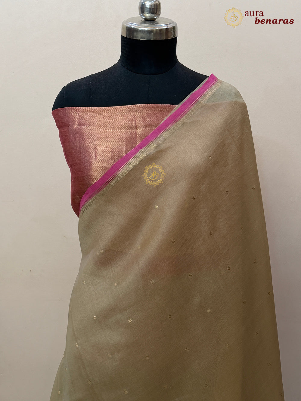 Beige Kora Silk Banarasi Saree with Zari Butis 
