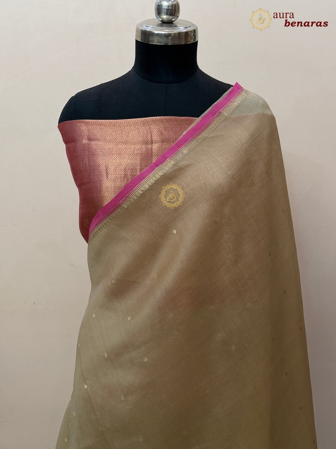 Beige Kora Silk Banarasi Saree with Zari Butis 
