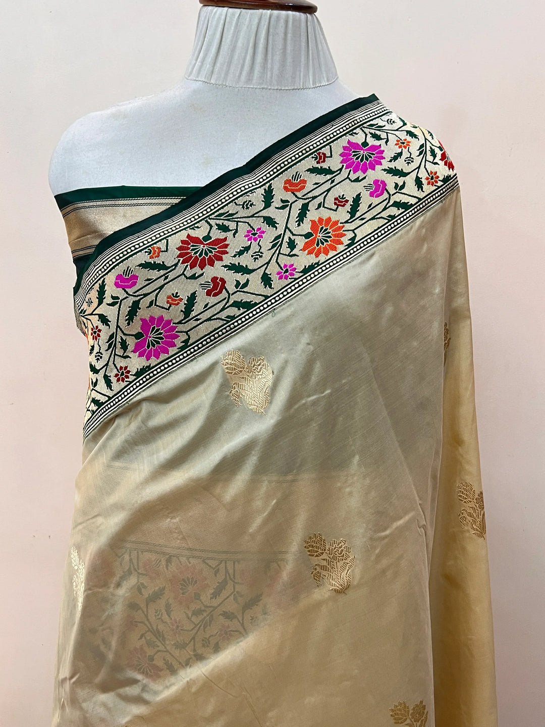 Beige Pure Banarasi Handloom Katan Silk Saree