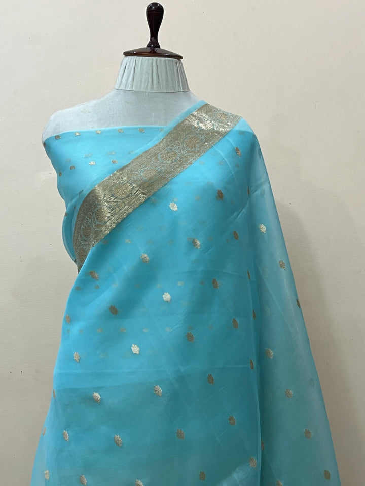 Sky Blue Banarasi Handloom Kora Silk Saree