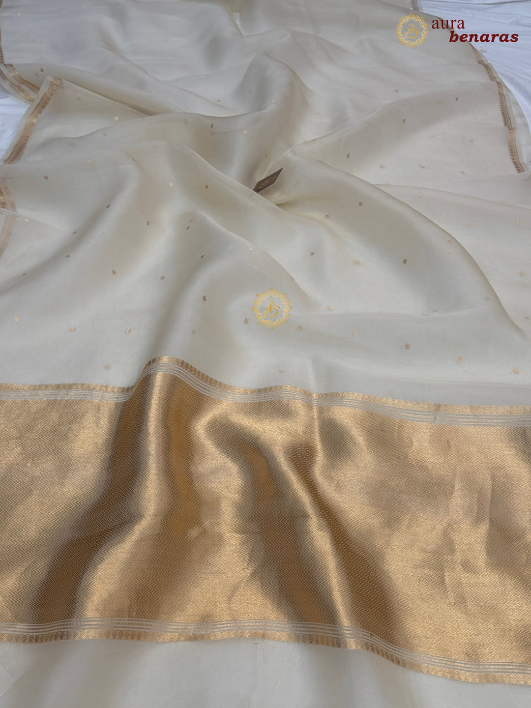 Cream Kora Silk Banarasi Saree with Zari Butis 