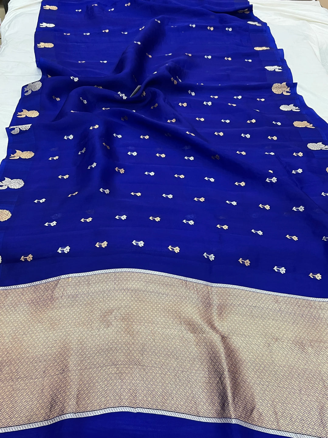 Royal Blue Pure Kora Silk Handloom Banarasi Saree