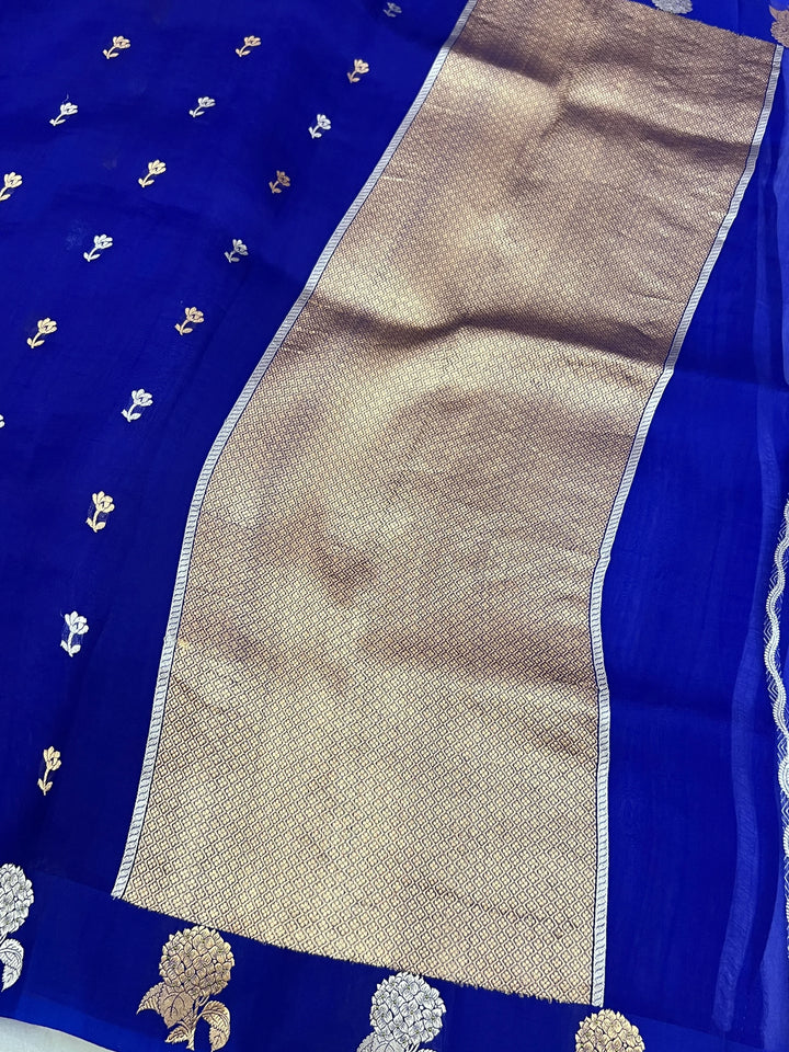 Royal Blue Pure Kora Silk Handloom Banarasi Saree