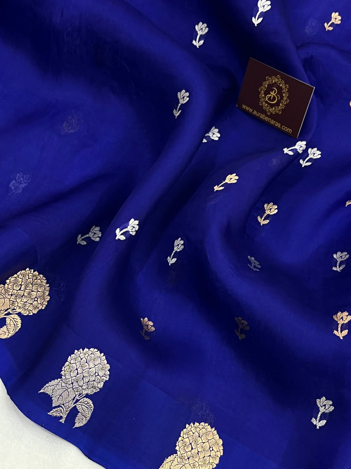 Royal Blue Pure Kora Silk Handloom Banarasi Saree