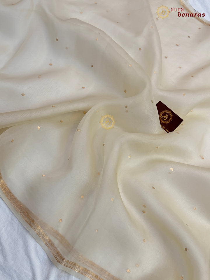 Cream Kora Silk Banarasi Saree with Zari Butis 