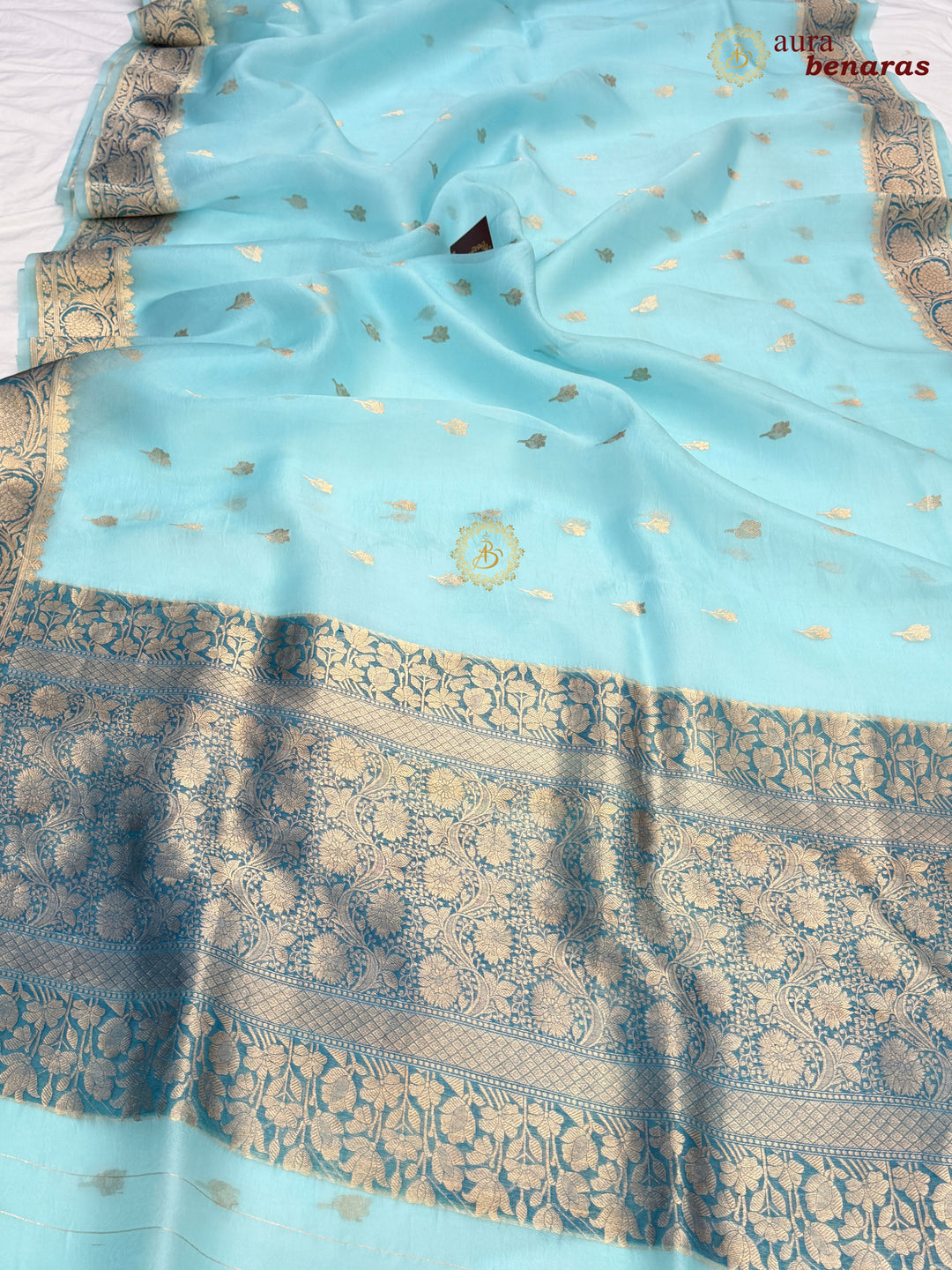 Sky Blue Pure Kora Silk Banarasi Saree with Kadhwa Butis – Aura Benaras