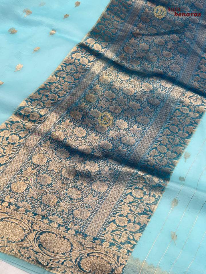 Sky Blue Pure Kora Silk Banarasi Saree with Kadhwa Butis – Aura Benaras