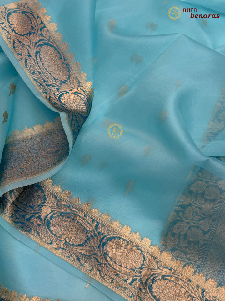 Sky Blue Pure Kora Silk Banarasi Saree with Kadhwa Butis – Aura Benaras