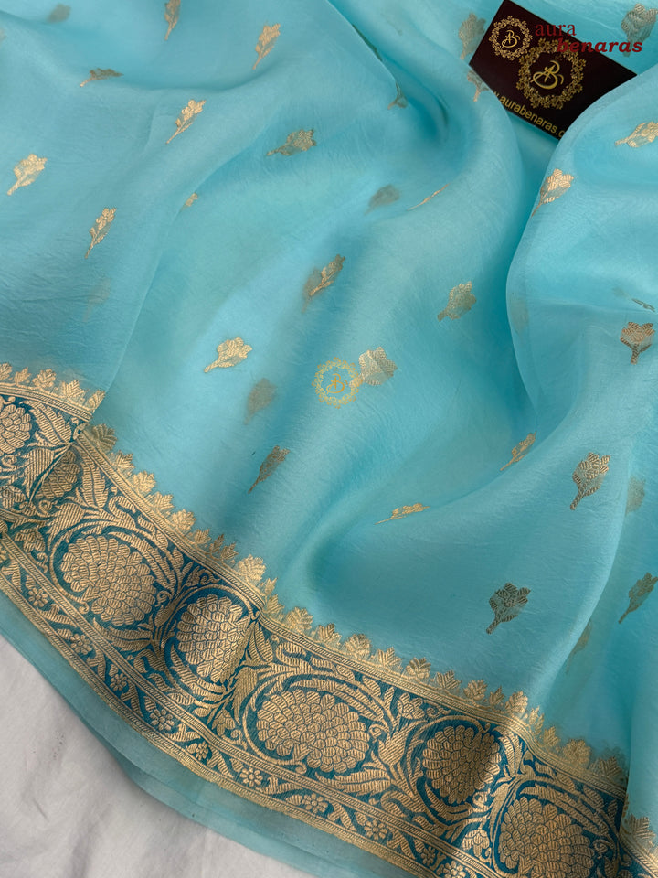 Sky Blue Pure Kora Silk Banarasi Saree with Kadhwa Butis – Aura Benaras